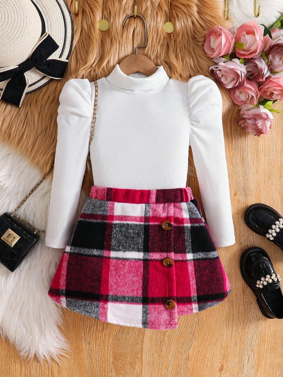 SHEIN 2件套少女针织上衣和梭织裙套装 - 玫紅色 - 查看 1