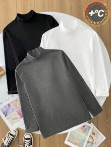 SHEIN 3-Pack Teenage Boys' Minimalist Stand Collar All-Match Tops, Black/White/Gray, Casual, Comfortable, Versatile, Suitable For School, Outings, Outdoor Activities, Layering, Autumn/Winter Turtleneck Long Sleeve Tops Boys Turtleneck Plain Turtleneck Turtlenecks - Multicolor - View 5