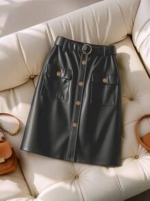 GlowEve Women's Solid Color Front Button Closure Skirt, Suitable For Commuting - Black - View 8