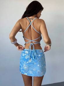 Firerie Áo hai dây hở lưng gợi cảm cổ chữ V phối ren hoa trang trí kim sa cho nữ, thích hợp cho kỳ nghỉ hè, tiệc tùng, lễ hội âm nhạc - Màu xanh lam - Xem 3