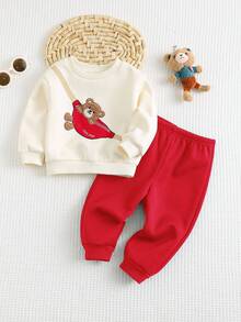 Cozy Pixies 2件套男婴熊图案圆领长袖连帽衫和慢跑裤套装 - 紅色 - 查看 5
