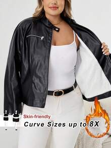 SHEIN CURVE+ 大码女式长袖 PU 皮革修身拉链夹克，带保暖衬里，大码女装 8xl 女装大码 8xl 皮夹克女式大码皮夹克冬季秋季秋冬 - 黑色 - 查看 1