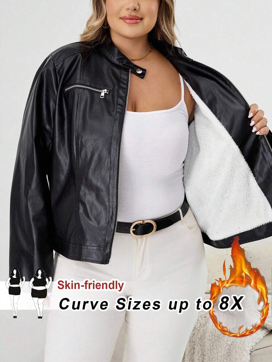SHEIN CURVE+ 大码女式长袖 PU 皮革修身拉链夹克，带保暖衬里，大码女装 8xl 女装大码 8xl 皮夹克女式大码皮夹克冬季秋季秋冬 - 黑色 - 查看 1