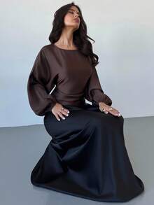 Firerie Fall Women's New Elegant Romantic Casual Urban Commute Elegant Fashion Versatile Coffee Brown Round Neck Batwing Long Sleeve Tie-Waist X-Shaped Regular Fit Blouse, Suitable For Teachers, Autumn, Fall Women Clothes,Elegant Women's Blouses - Brown - View 6