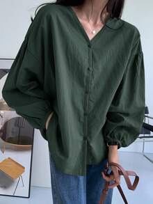 DAZY 女士纯色透气舒适轻薄灯笼袖单排扣衬衫秋季上衣长袖上衣 - 墨綠色 - 查看 6