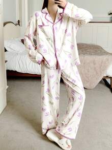 2 件套青少年女孩郁金香花卉图案翻领口袋前开长袖宽松休闲睡衣套装 - 紫色 - 查看 4