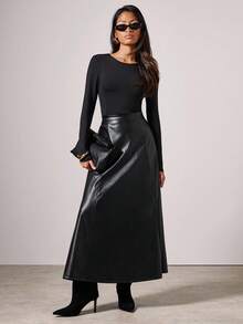 COSMINA 女士优雅长款PU皮裙，秋冬 - 黑色 - 查看 2