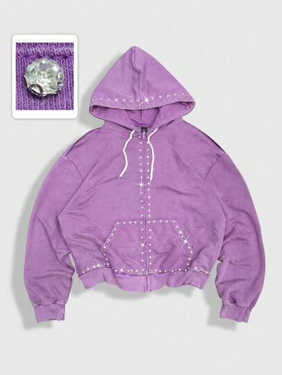 Street Life Sudadera con capucha, cremallera y bolsillo con decoración de rhinestones para hombre, otoño