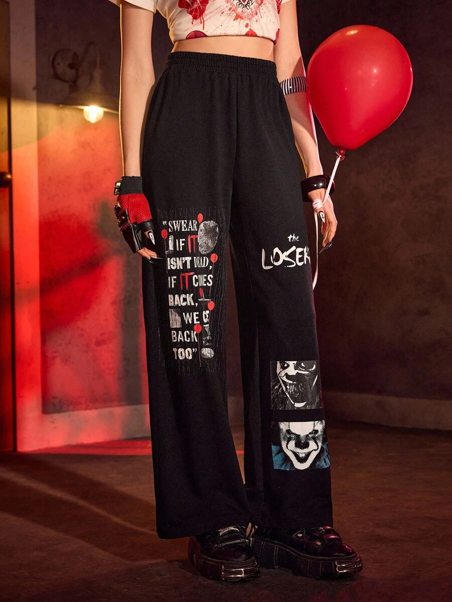 IT x SHEIN Quần cạp chun màu đen họa tiết chữ và kinh dị dành cho nữ - màu đen - Xem 1