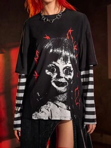 ANNABELLE x SHEIN Women's Horror Figure Graphic Round Neck Long Sleeve T-Shirt - Black - View 5