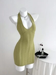 Elamini 1 件女士橄榄绿色提花修身紧身迷你连衣裙，露背系带，优雅秋季 - 橄欖綠 - 查看 3