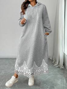 Elenzga Plus Size Women's French Style Casual Backprint Long Sweatshirt Dress Hooded Dress Sweater Dress Women Long Casual Dress Lace Trim Dress Long Sleeve Hooded Dress Winter Fall Autumn - Light Grey - View 3