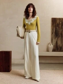 SHEIN LUNE Women's High-Waisted Wide-Leg Hollow-Out Lace Trims Pants, Casual And Versatile, Perfect For Everyday Commuting.Fall, White, And Baggy Pants. - White - View 3