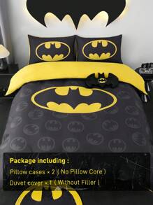 BATMAN X SHEIN 3pc Fashionable & Comfortable Soft Reversible Hero Character Bat Print Duvet Cover Set, For Home, Bedroom