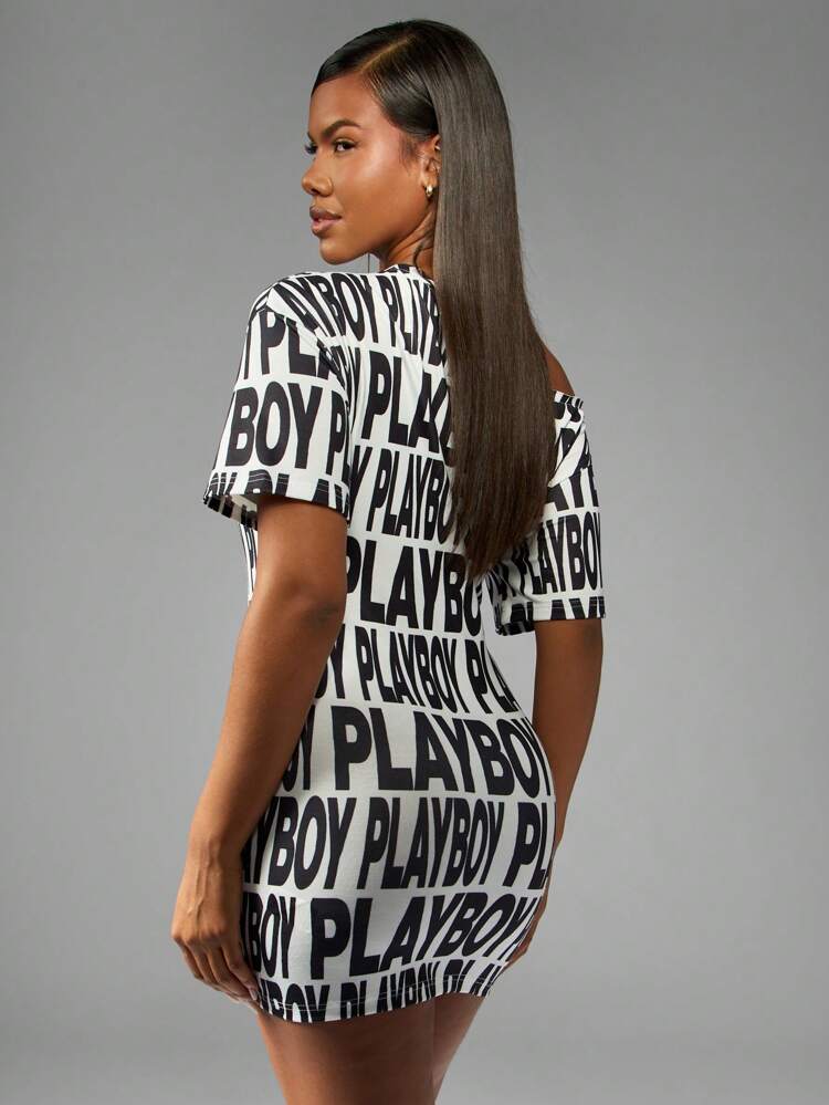 Missguided x Playboy Off Shoulder Mini Dress All Over Print Party Club Wear Fashion Statement Bodycon Short Sleeve Above Knee Length Summer Night Out