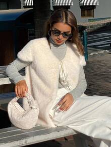 DAZY 女式毛茸茸系带无袖宽松蓬松夹克秋冬仿皮草大衣 - 米色 - 查看 7