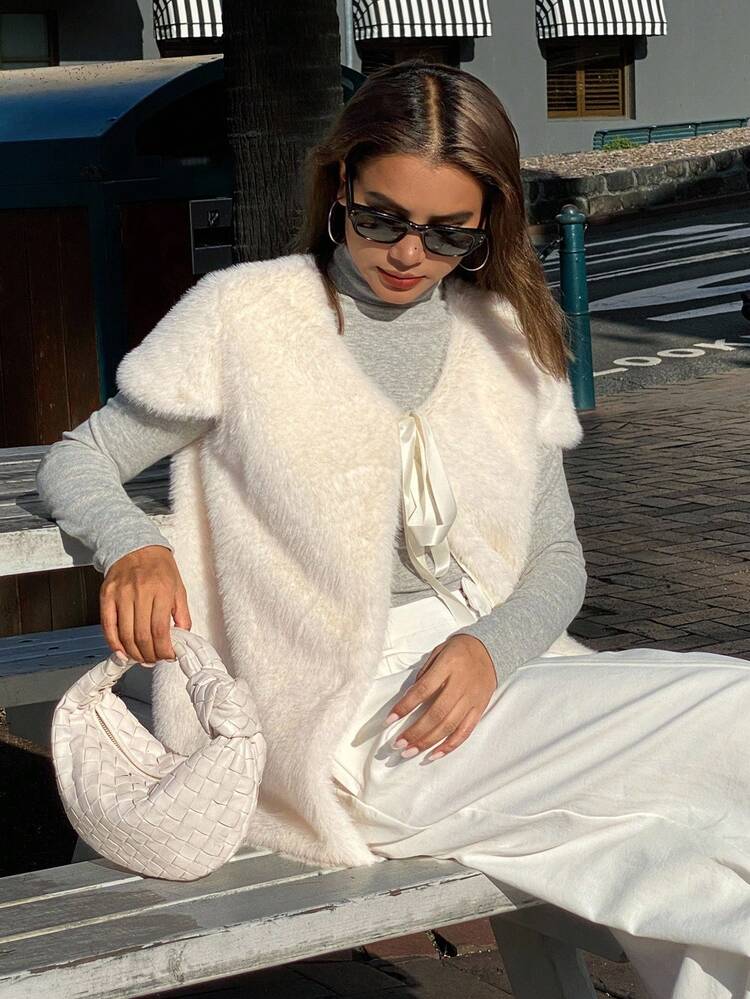 Women's Furry Tie-Up Sleeveless Loose Fluffy Jacket Fall, Winter Faux Fur Coat