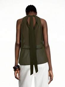 LYSMO 2025 New Arrival Claret Ruffle Chiffon Halter Top With Tie – Boho Summer Style - Army Green - View 2