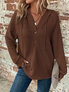 EMERY ROSE Women's Solid Color Raglan Sleeve Button Half Placket Drawstring Hooded Casual Sweatshirt In Fall/Winter - Brown - View 5