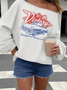 SHEIN EZwear Große Größen Lässiger Retro-Auto-Buchstaben-Muster Off-Shoulder, locker sitzender Langarm-Sweatshirt für Damen, geeignet für Herbst/Winter