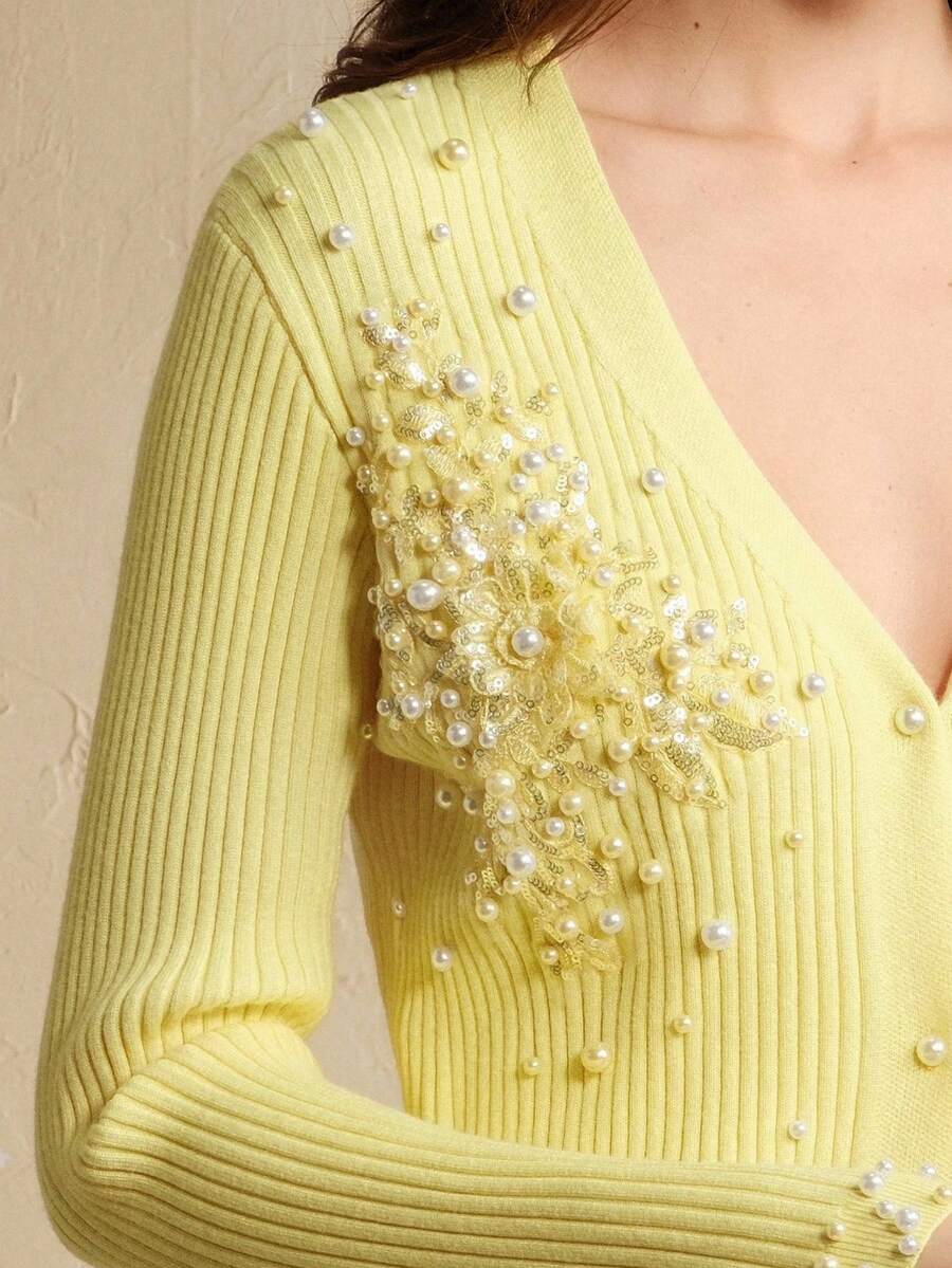 Anewsta Women's Lace Floral Beaded Yellow Cardigan - Yellow - View 1