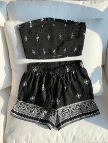 Comfortcana Print Bandeau Top And Shorts Set, Summer Holiday - Black - View 5