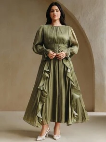 Anewsta 大码女式长裙，深绿色亮面面料，褶皱腰身，双层荷叶边下摆，泡泡袖长裙，优雅百搭的礼服 - 橄欖綠 - 查看 6