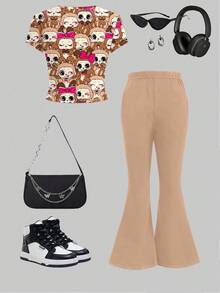 SHEIN Bộ 2 áo thun và quần dài họa tiết hoạt hình dễ thương cho bé gái tuổi teen, màu hồng và nâu, thích hợp cho mùa hè - Nhiều màu - Xem 2