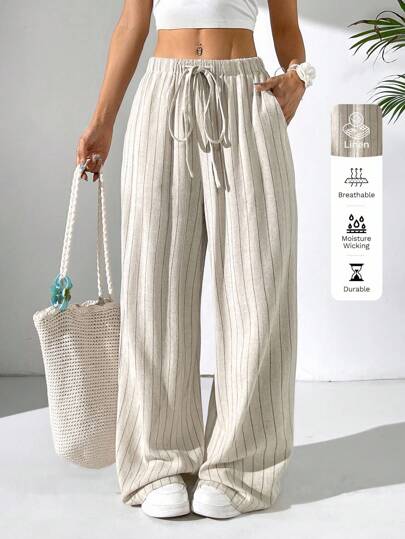 Solflare Plus Size Casual Linen Pants, Resort Vacation Style, Spring/Summer,Going Out,Vacation,Beach,Comfortable,Breathable,Casual,Back To School Striped Linen Pants Beach,Cute, Y2k, Vintage, Airport,Old Money,Teacher,Holiday