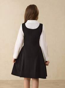 Girls' Casual Stylish Elegant Lapel Raglan Sleeve White Shirt&High Waist Vest Dress Set,Black And White,Autumn,School,Back-To-School All Season Outfit - Black - View 2