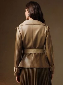 Anewsta 优雅复古渐变色 PU 皮夹克，超大衣领和腰带，短款修身款式，秋冬 - 黑色 - 查看 2