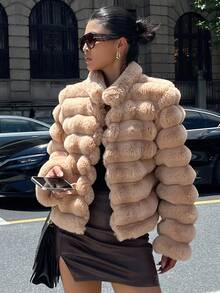 DAZY 女士宽松高领长袖休闲街头仿皮草外套，秋冬女式大衣 - 駝色 - 查看 3