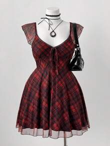 Sunspun Vestido de manga corta con cuello cuadrado y estampado de cuadros, talla grande, para verano