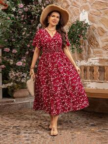 SHEIN PETITE CURVE 大码花卉印花休闲连衣裙，适合度假、日常穿着和派对 - 彩色 - 查看 5