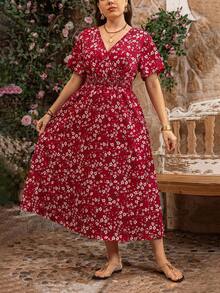 SHEIN PETITE CURVE 大码花卉印花休闲连衣裙，适合度假、日常穿着和派对 - 彩色 - 查看 6