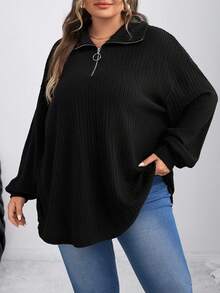 SHEIN CURVE+ 大码法式休闲拉链罗纹针织T恤，秋冬 - 黑色 - 查看 6