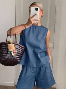 DAZY 女式深水洗蓝色圆领露背无袖宽松牛仔上衣和短裤两件套