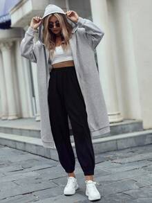 SHEIN Unity Drop Shoulder Hidden Pocket Zipper Longline Hoodie,Ladies Late Fall Casual Pocket,Zipper Long Sleeve Hooded Oversized Long Grey Drop Shoulder Zip Up Women Hoodies,Long Sleeve Tops Graduation,Back To School Outfits,Graduation,Teacher Outfits For Women,Back To School Pullover - Grey - View 7