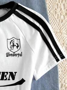 Áo thun cotton co giãn ôm sát cổ tròn phong cách đường phố giản dị cổ điển trường đại học trang trí ruy băng chữ đồ họa khối màu cho bé gái tuổi teen - trắng - Xem 3