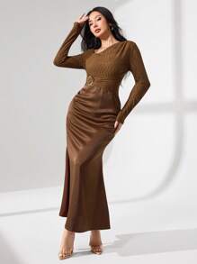 Modelyn Asymmetrical Knit Texture Patchwork Satin With Metal Buckle Elegant Dress Fall Cloth For Women - Brown - View 6