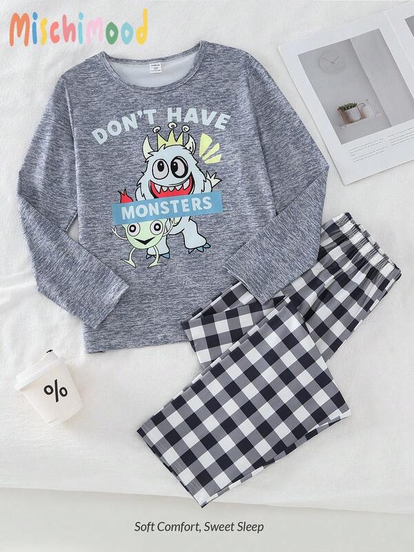 2pcs/Set Boys' Casual Cartoon Print Round Neck Long Sleeve Top And Plaid Pants Loungewear Set Fall Winter