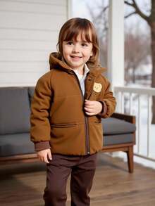 Young Girls Cute Bear Zipper Hooded Long Sleeve Padded Coat, For Fall/Winter Outdoors - Brown - View 1