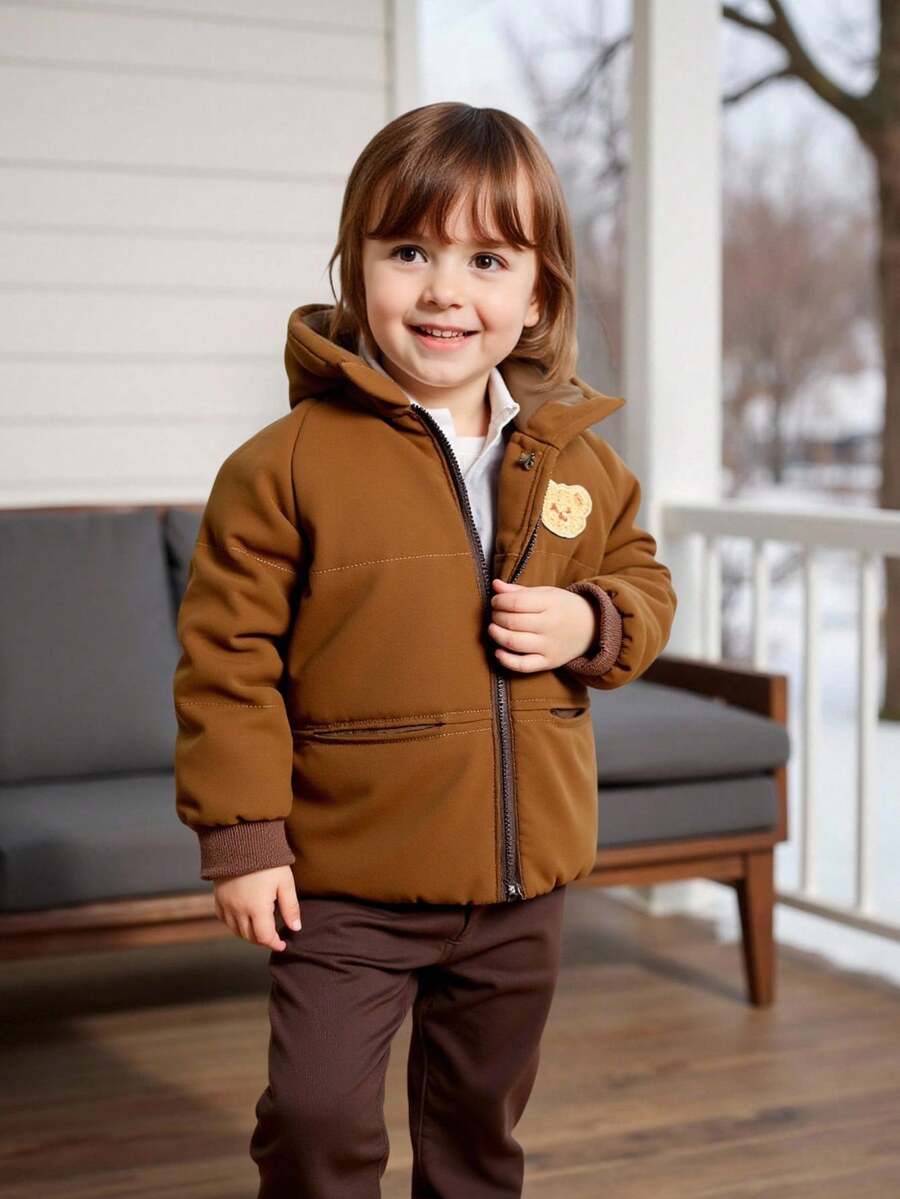 Young Girls Cute Bear Zipper Hooded Long Sleeve Padded Coat, For Fall/Winter Outdoors - Brown - View 1