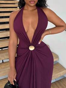 Alexandranx Vestido de punto sin espalda de unicolor para mujer - Burdeos - Ver 3