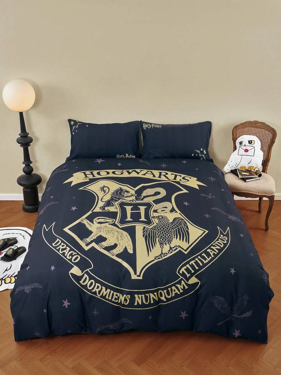 HARRY POTTER X SHEIN 3 Stück Tier- und Buchstaben-bedruckter Bettbezug Set, Geschenke, geeignet für Einzelbett/Doppelbett/Queensize-Bett/Kingsize-Bett, Studentenwohnheim/Zuhause, Schulanfang - Schwarz - Übersicht 1