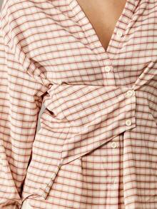 MISSGUIDED Elegant Checkered Button Down Blouse With Cinched Waist Asymmetric Front Office Business Professional Winter Fall Work Top Long Sleeve Classic Feminine