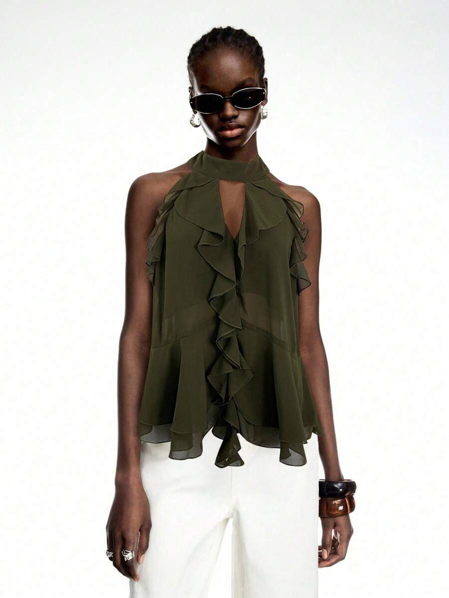 LYSMO 2025 New Arrival Claret Ruffle Chiffon Halter Top With Tie – Boho Summer Style - Army Green - View 1
