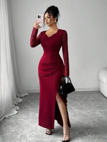 Modelyn 女式纯色撞色蕾丝长袖褶皱腰开衩连衣裙 - 酒紅色 - 查看 7