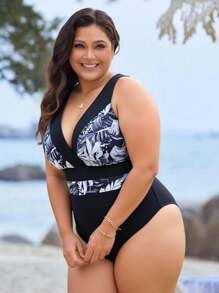 Swim Lushoire Plus Size Printed Color Block One-Piece Swimsuit For Summer Beach Vacation - Black and White - View 3