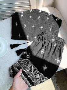 Comfortcana Print Bandeau Top And Shorts Set, Summer Holiday - Black - View 3